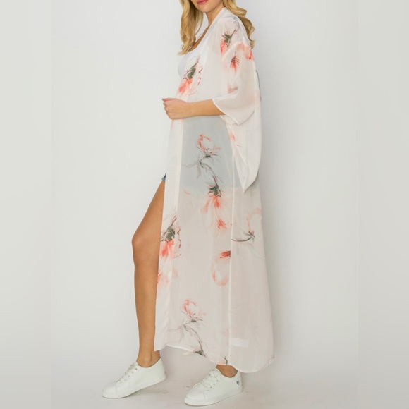 Floral Print Multicolor Chiffon Sheer Kimono Cardigan - Picture 2 of 5